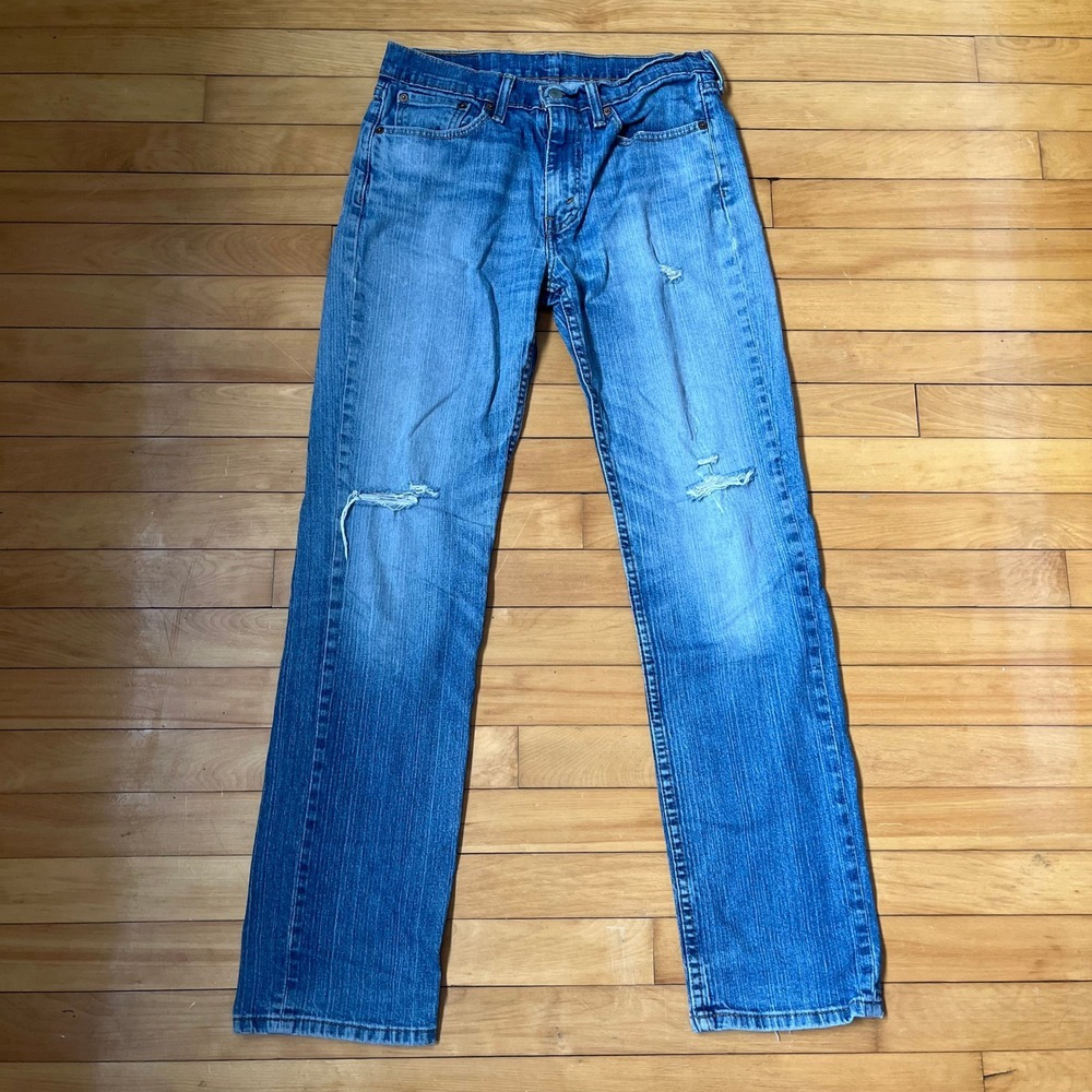 Levis 514 Straight Fit Distressed Blue Jeans Mens 32x34 Medium Wash Denim